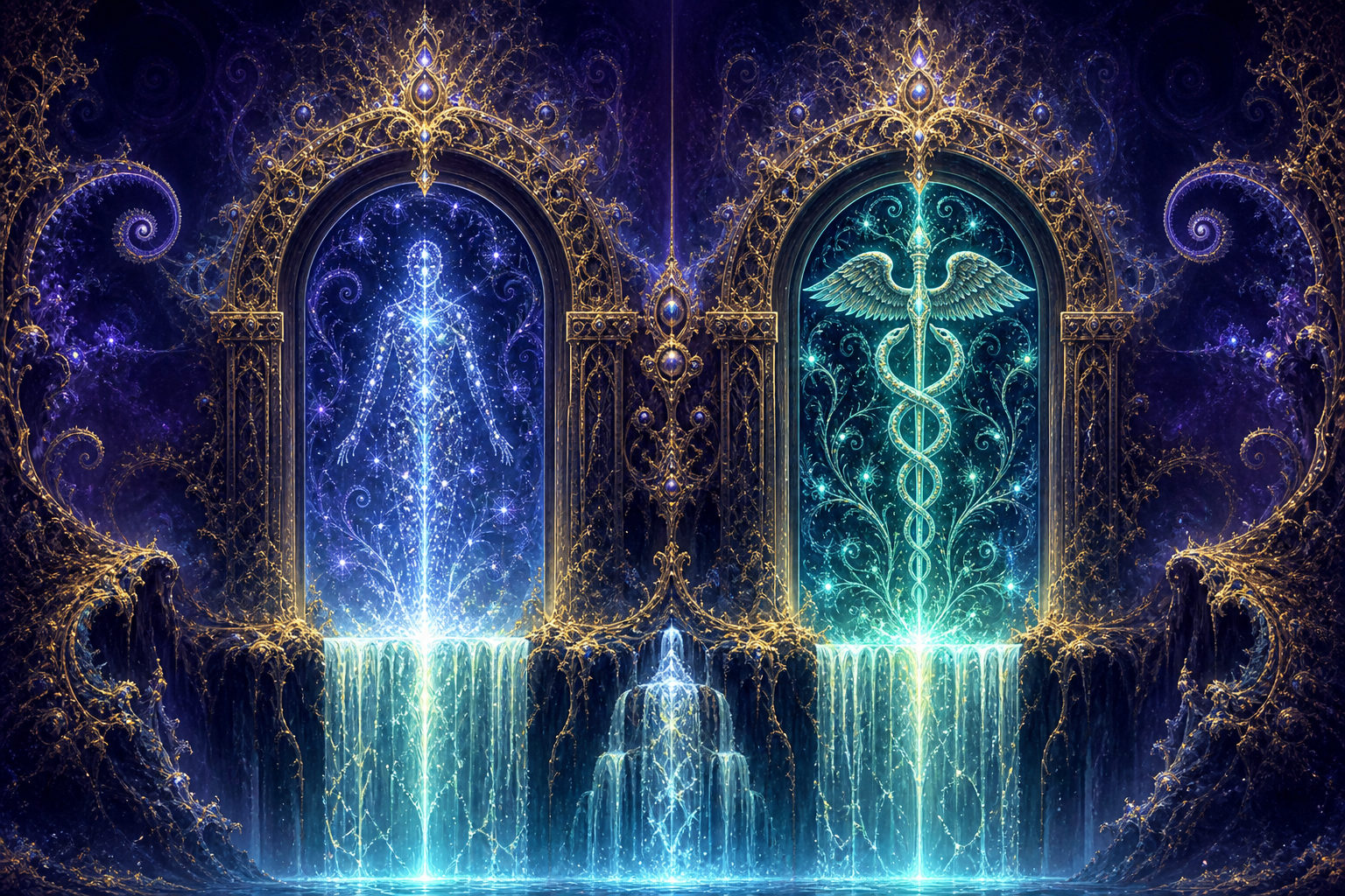 Two luminous fractal gates — real person and real medicine — both must open